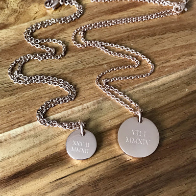 Rose Gold Engraved Personalised Pendant – Roman numerals