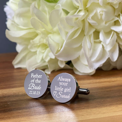 Always be your little girl – Engraved round stainless steel cufflinks for the Father of the Bride