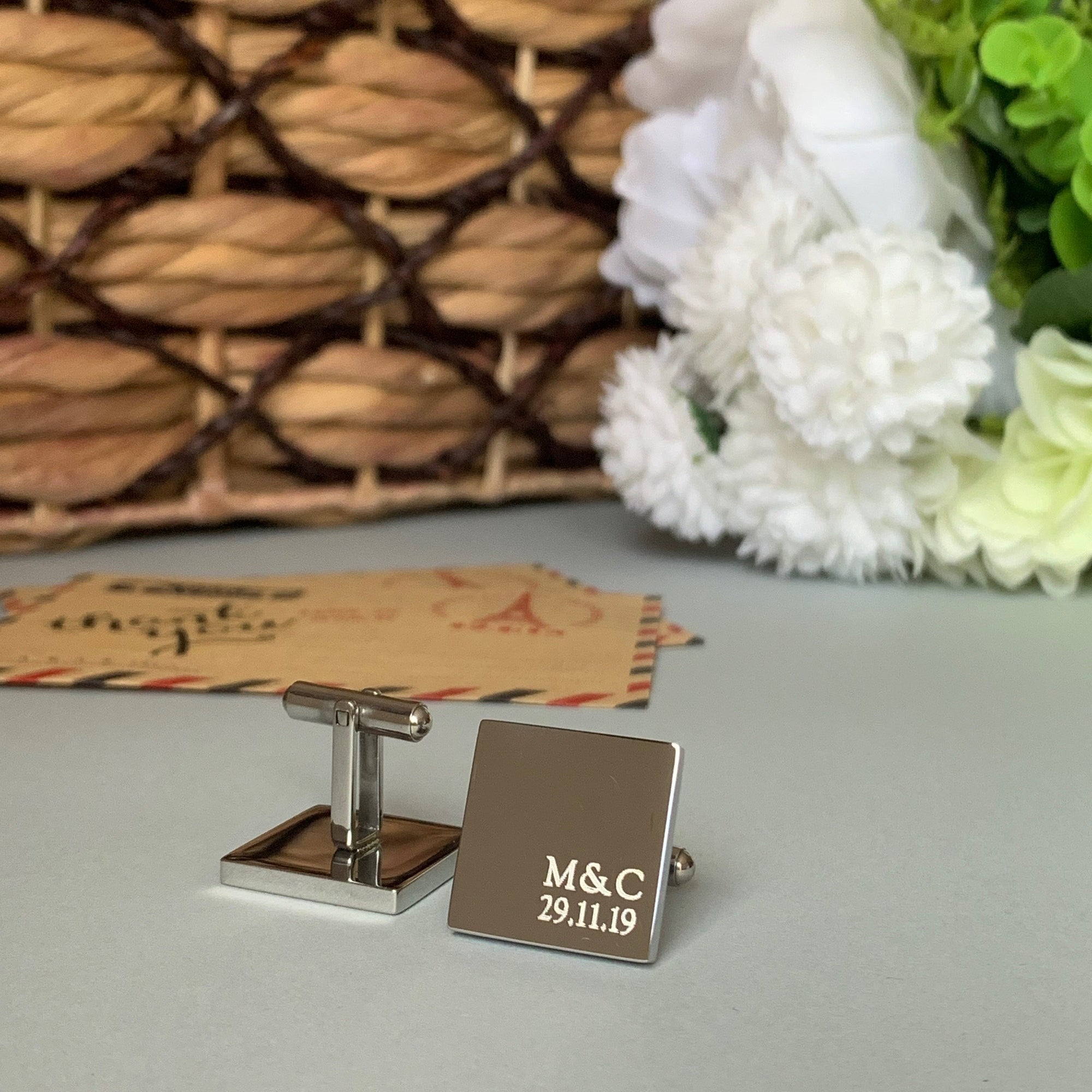 Minimalist Couple Monogram  – Engraved square stainless steel cufflinks