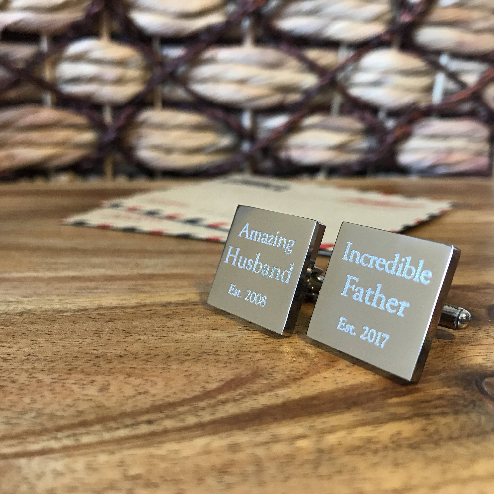 Amazing Husband Incredible Father – Engraved square stainless steel personalised cufflinks