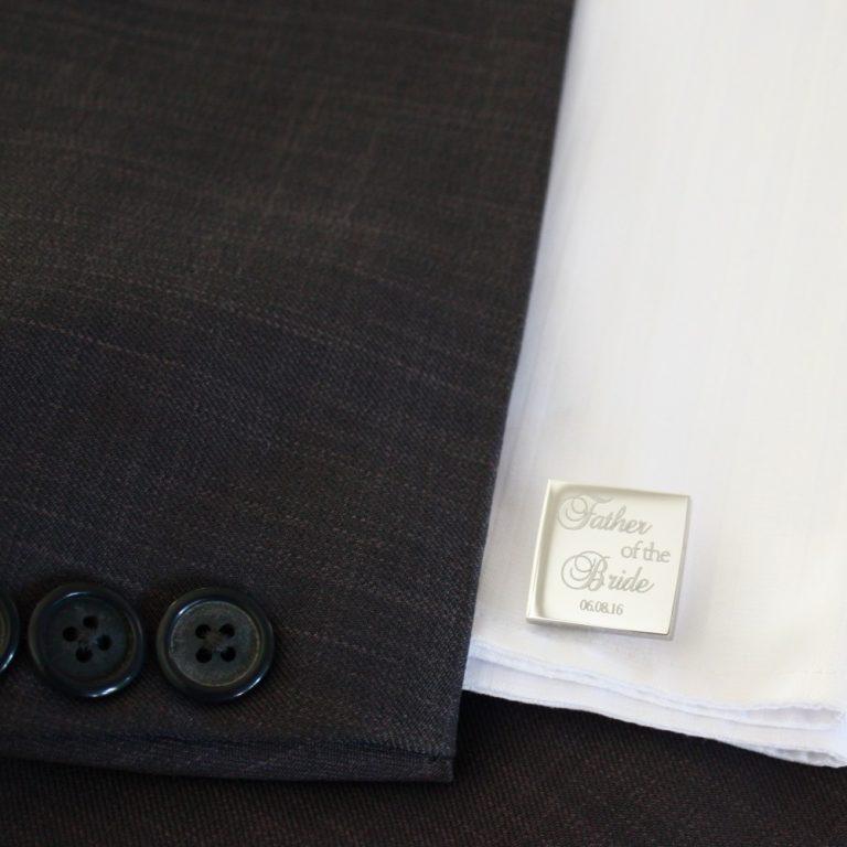 Father of the Bride – Engraved square stainless steel cufflinks (Classic font)