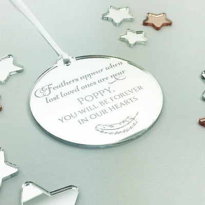 Personalised Memorial Christmas Ornament - Mirror Acrylic - Feathers Appear