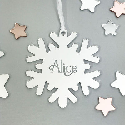 Personalised Name Snowflake Christmas Ornament - Solid wood & Clear or Silver Acrylic