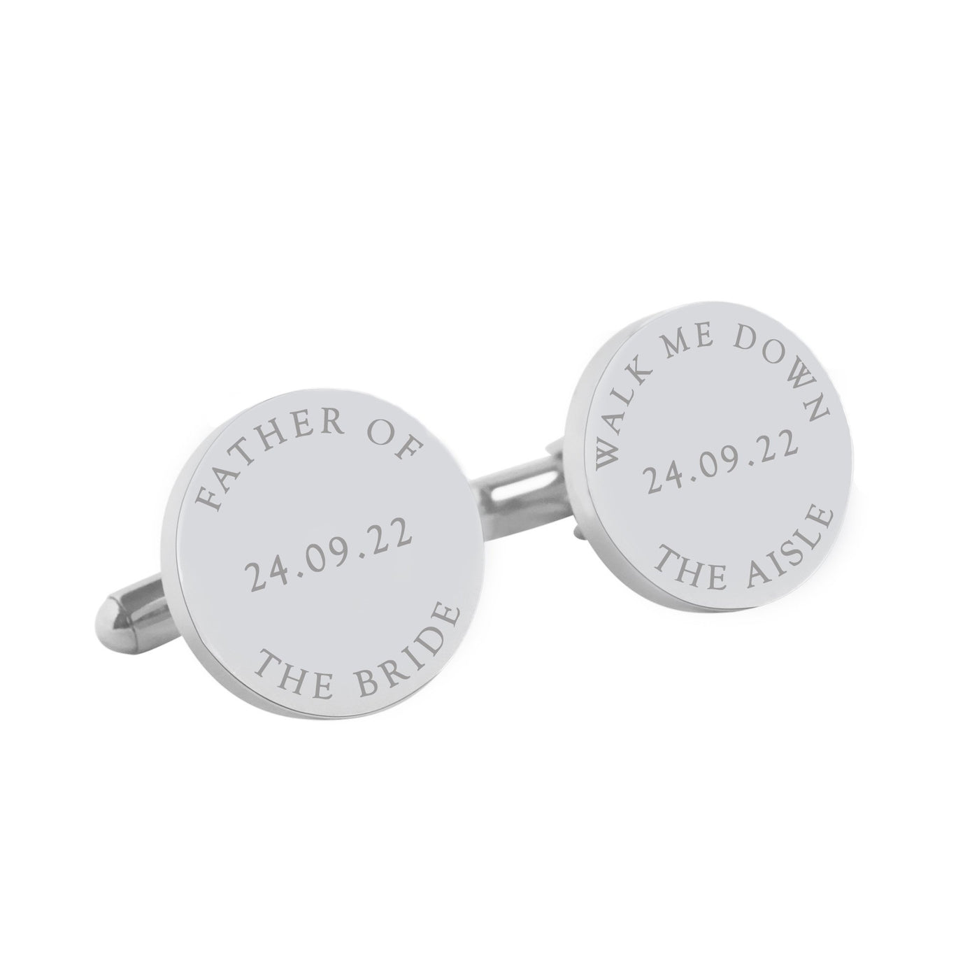 Father of the Bride, Walk Me Down The Aisle - personalised round stainless steel wedding cufflinks