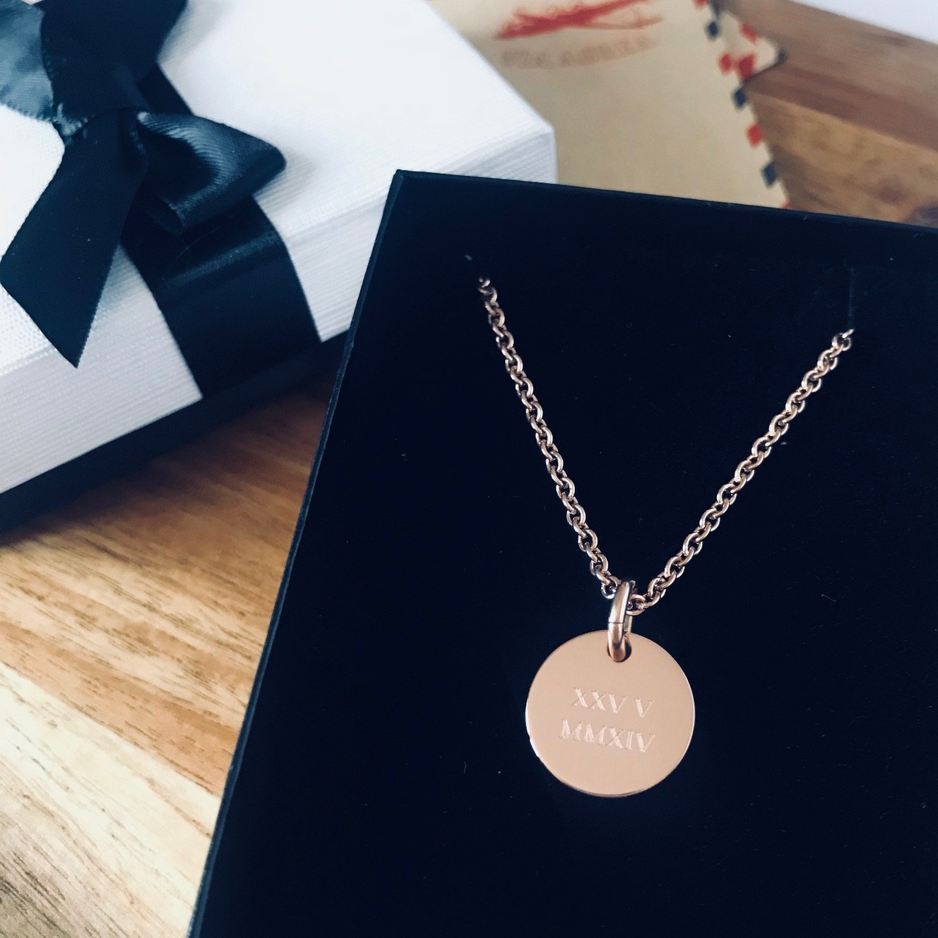 Rose Gold Engraved Personalised Pendant – Roman numerals