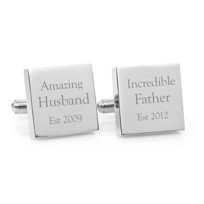 Amazing Husband Incredible Father – Engraved square stainless steel personalised cufflinks