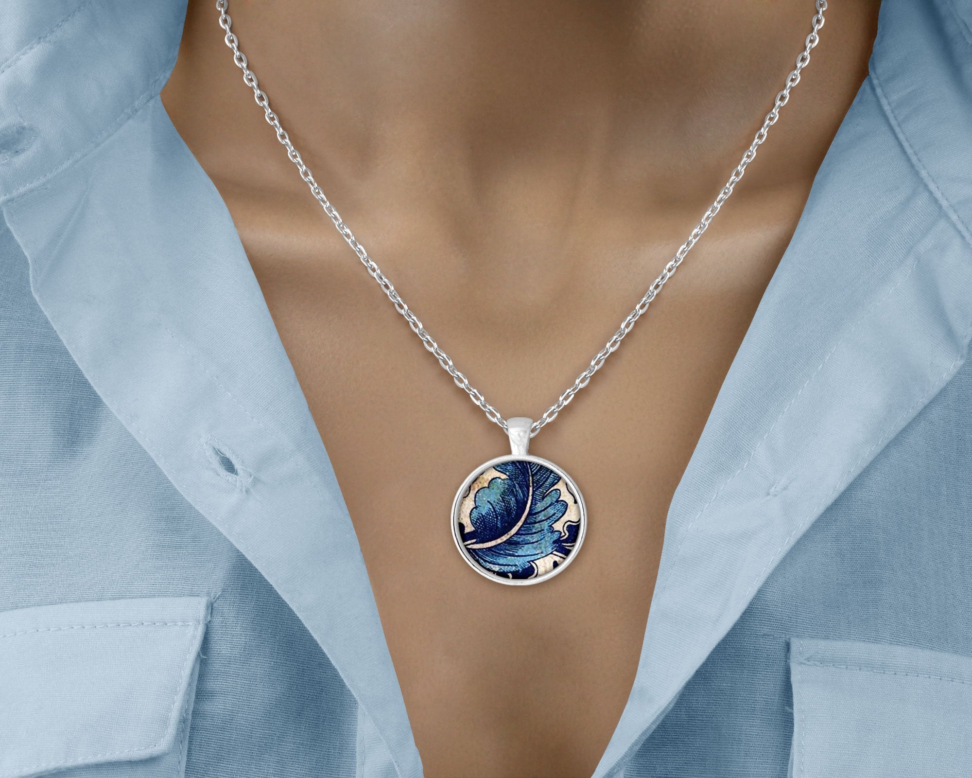 Vintage Blue - Leaf - Love Lucy Silver Pendant