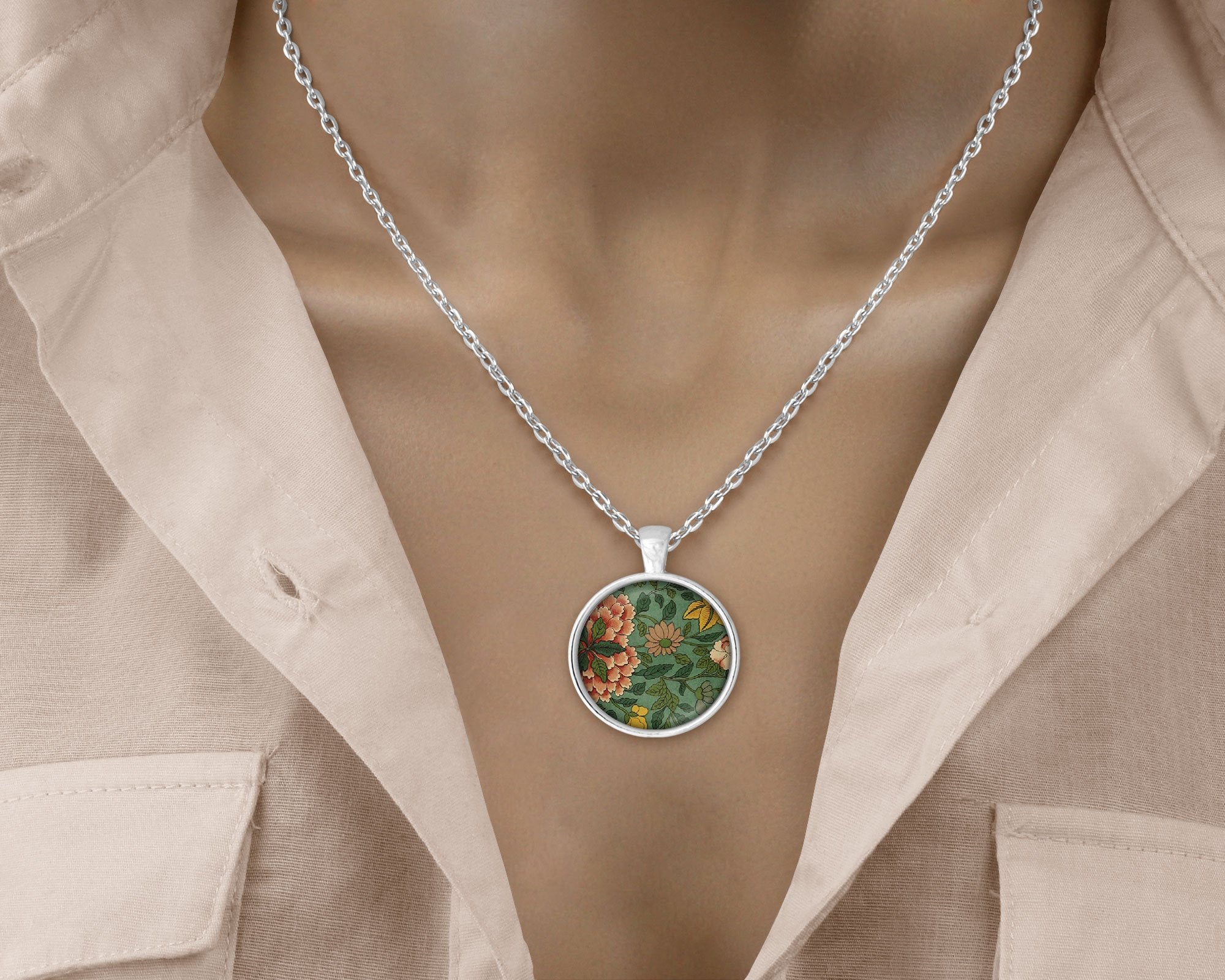 Vintage Floral - Green - Love Lucy Silver Pendant