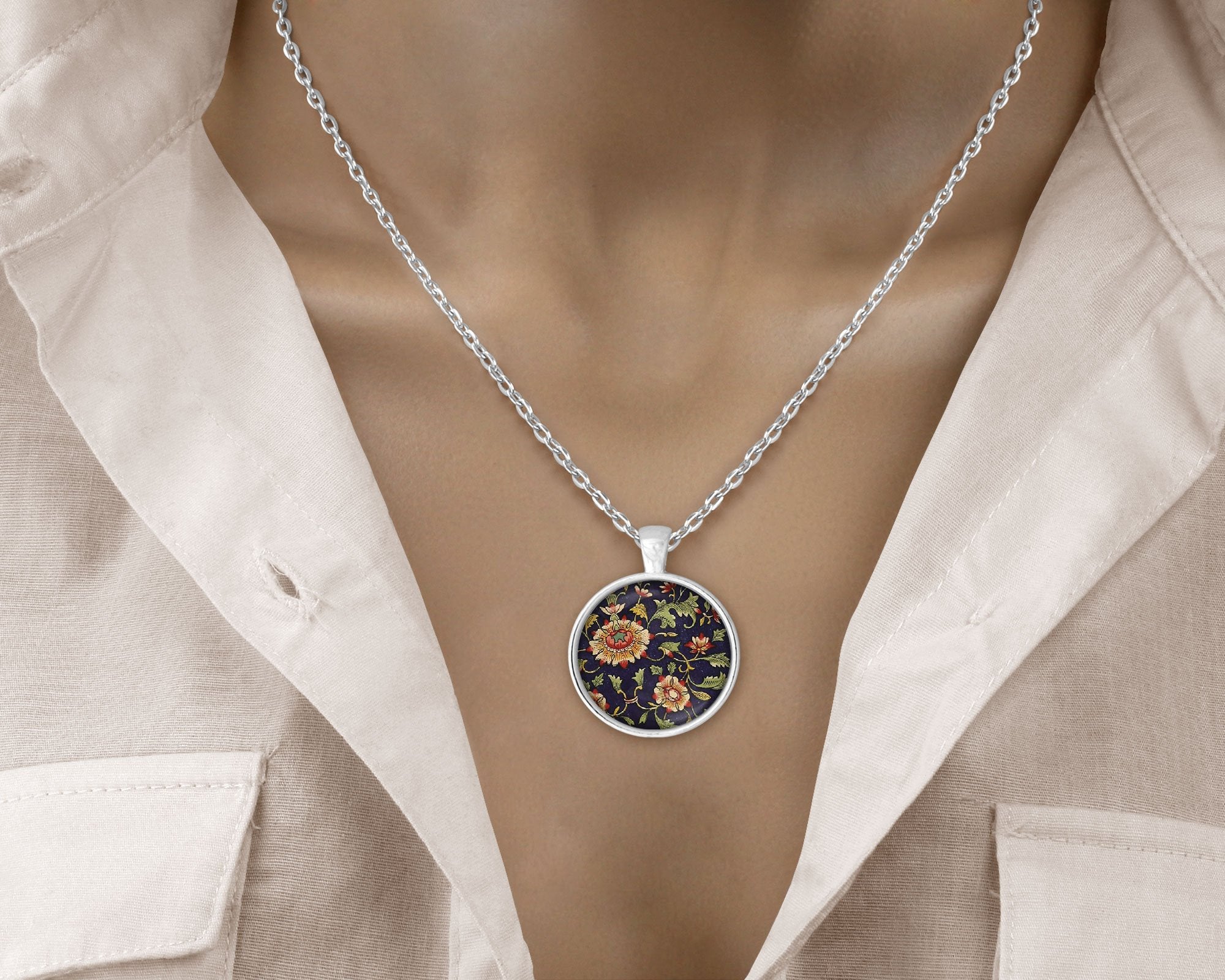 Vintage Floral - Navy - Love Lucy Silver Pendant