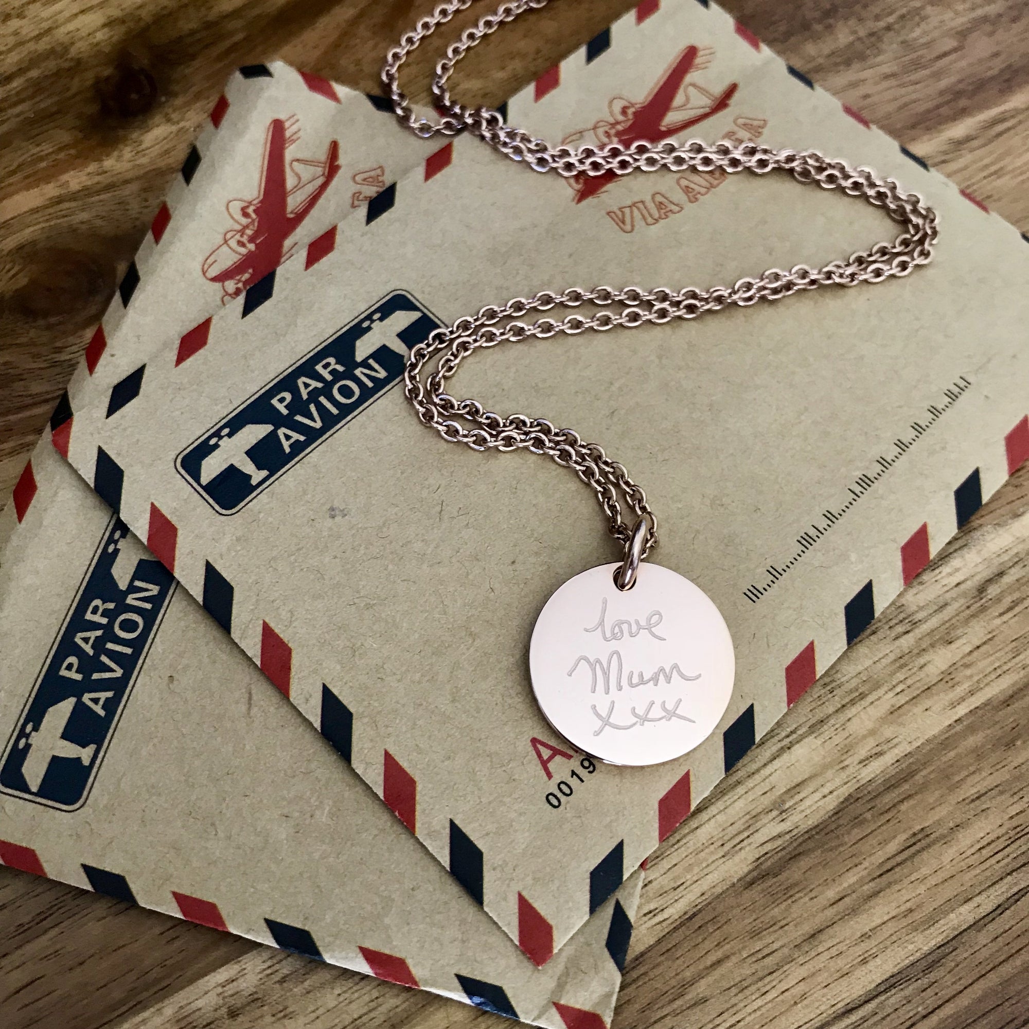 Rose Gold Engraved Pendant featuring your child’s writing or drawing