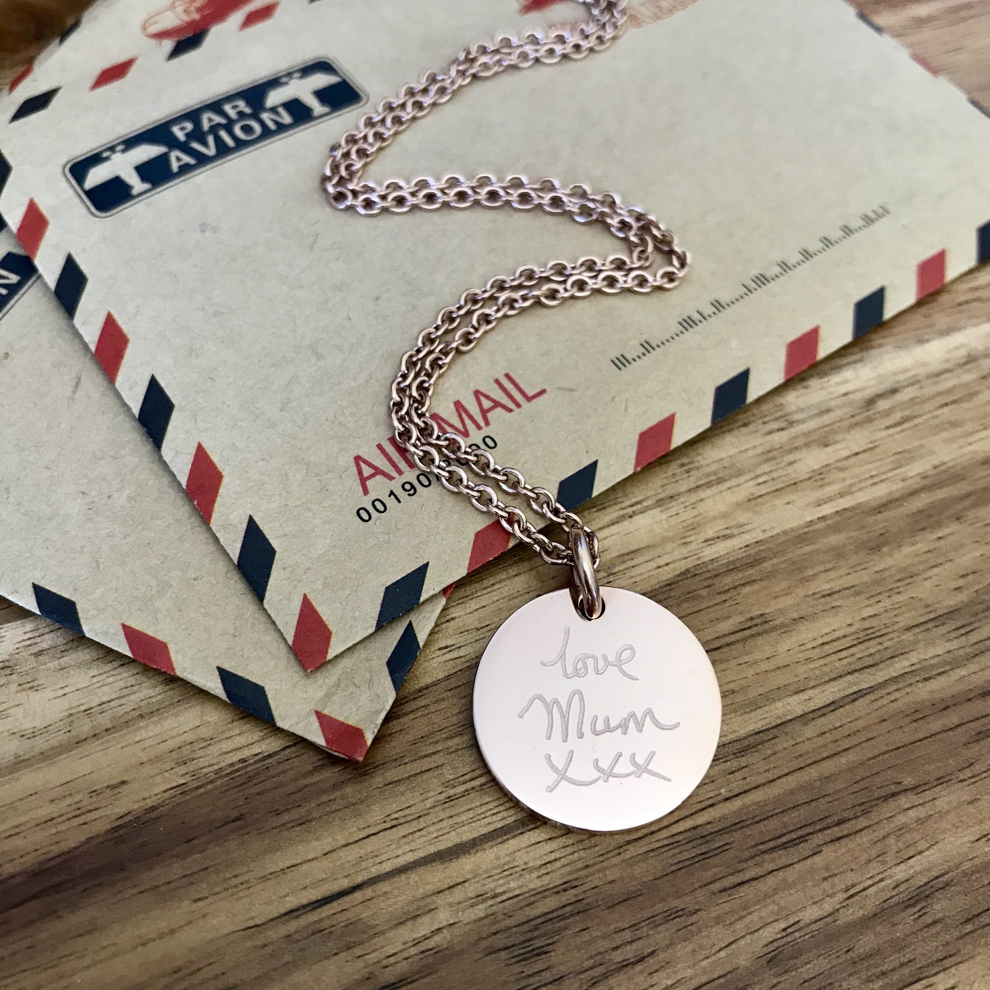 Rose Gold Engraved Pendant featuring your child’s writing or drawing